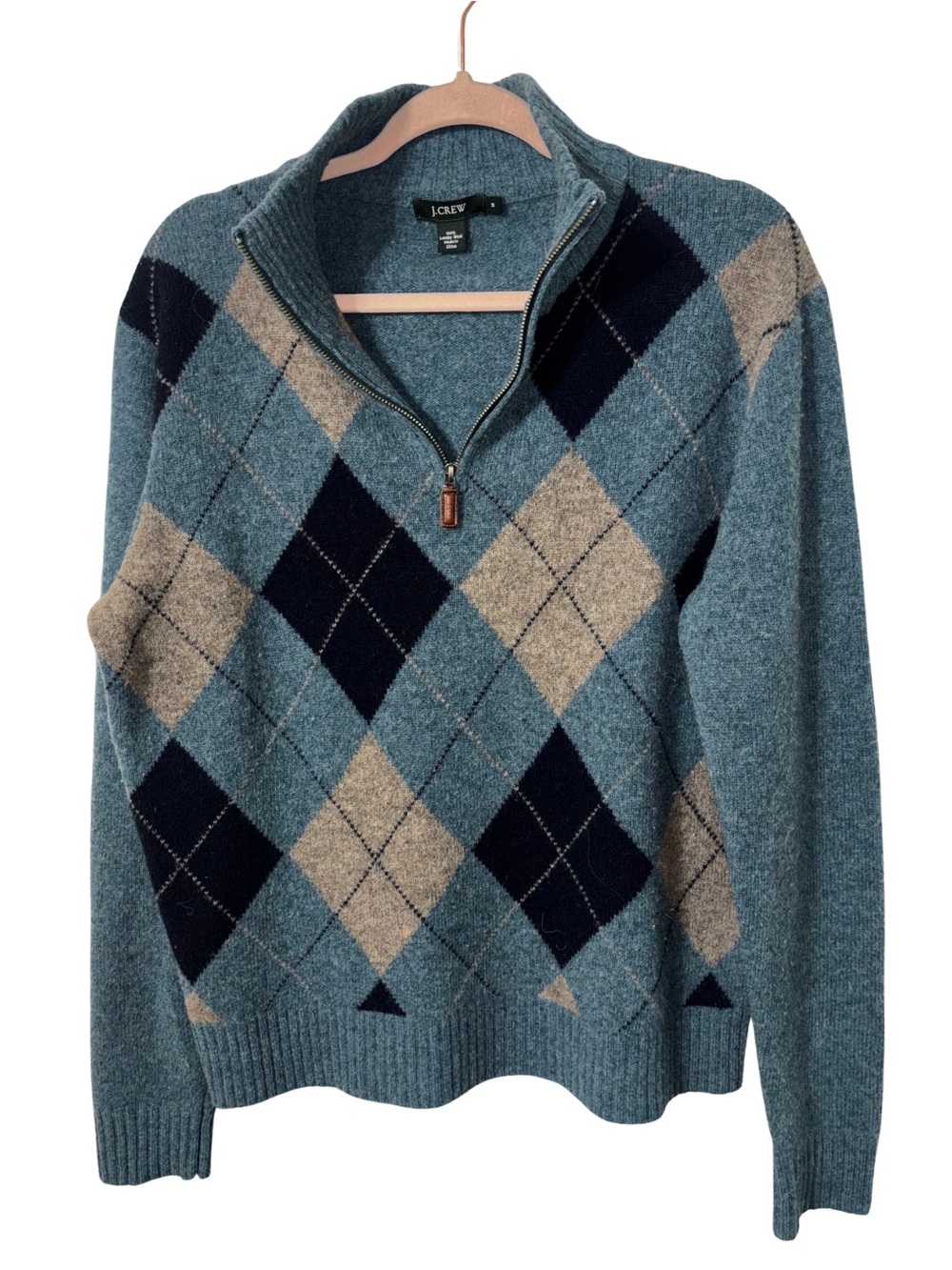 J. Crew 100% wool Blue Argyle Zip Sweater
